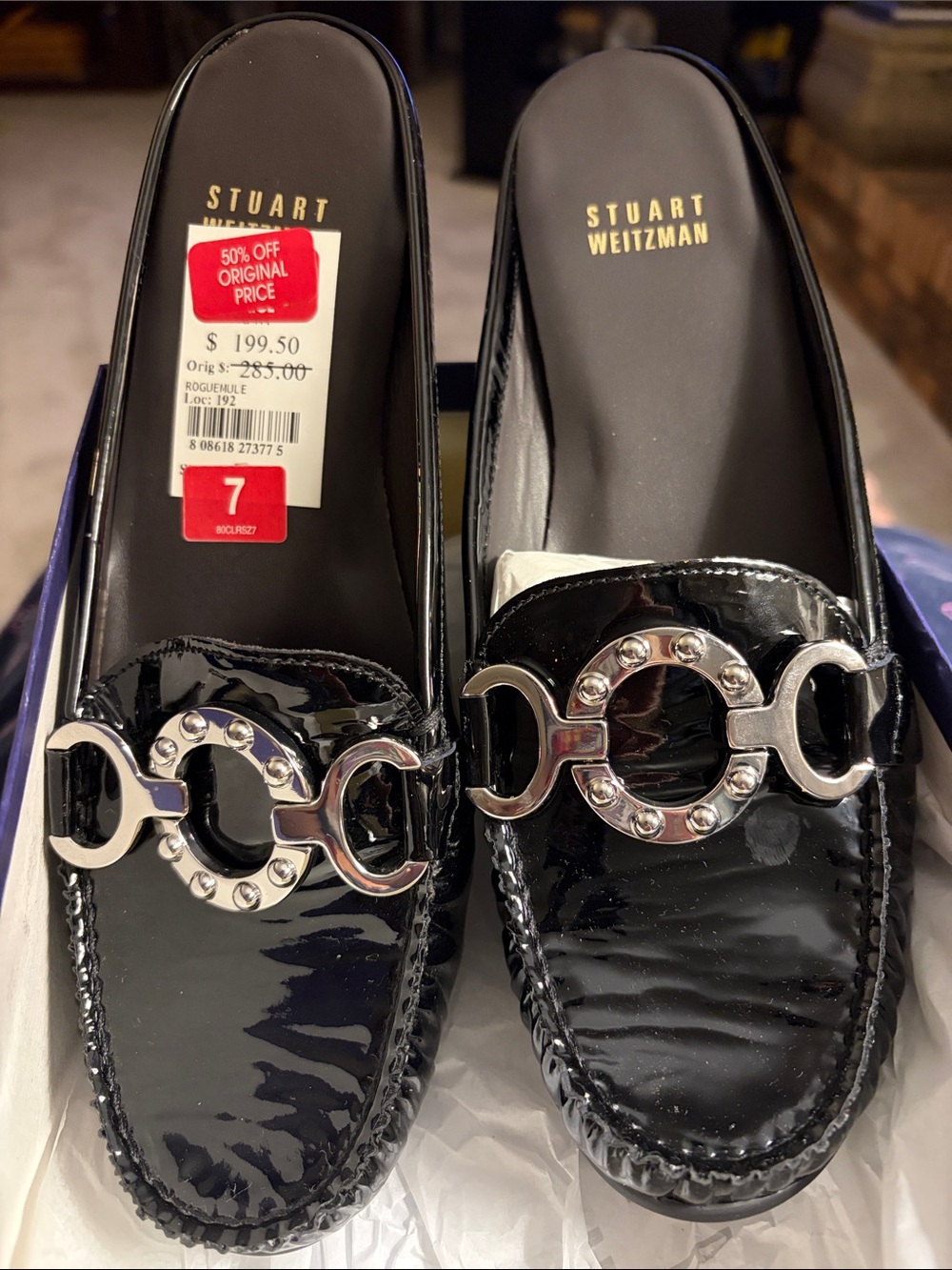 Stuart Weitzman Black Patent Leather Loafer Mules with Silver Hardware NEW